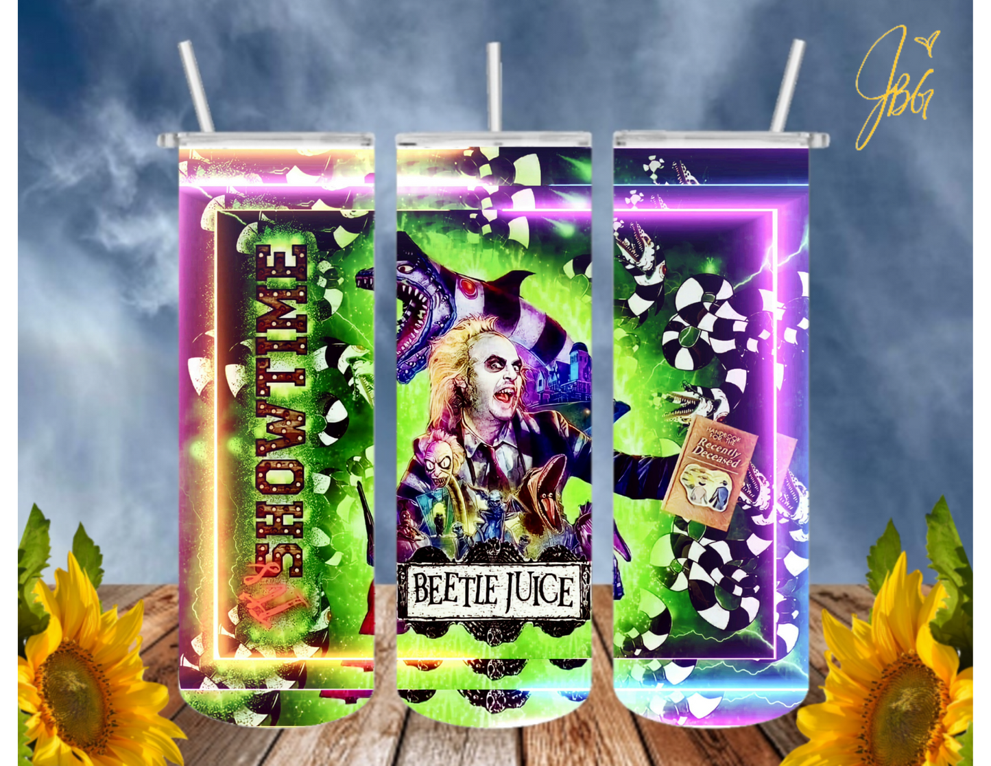 BEETLEJUICE 20 Oz Tumbler with 2 Straws, 1 Lid and Straw Cleaner. FREE SHIPPING. Stainless Steel. Sublimation Tumbler Cup.