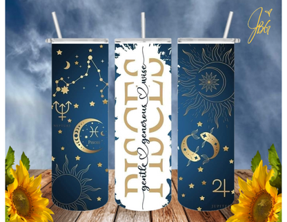 ZODIAC SIGNS 20 Oz Tumbler with 1 Lid, 2 Straws and 1 Straw Cleaner. FREE SHIPPING. Stainless Steel. Sublimation Tumbler Cup.