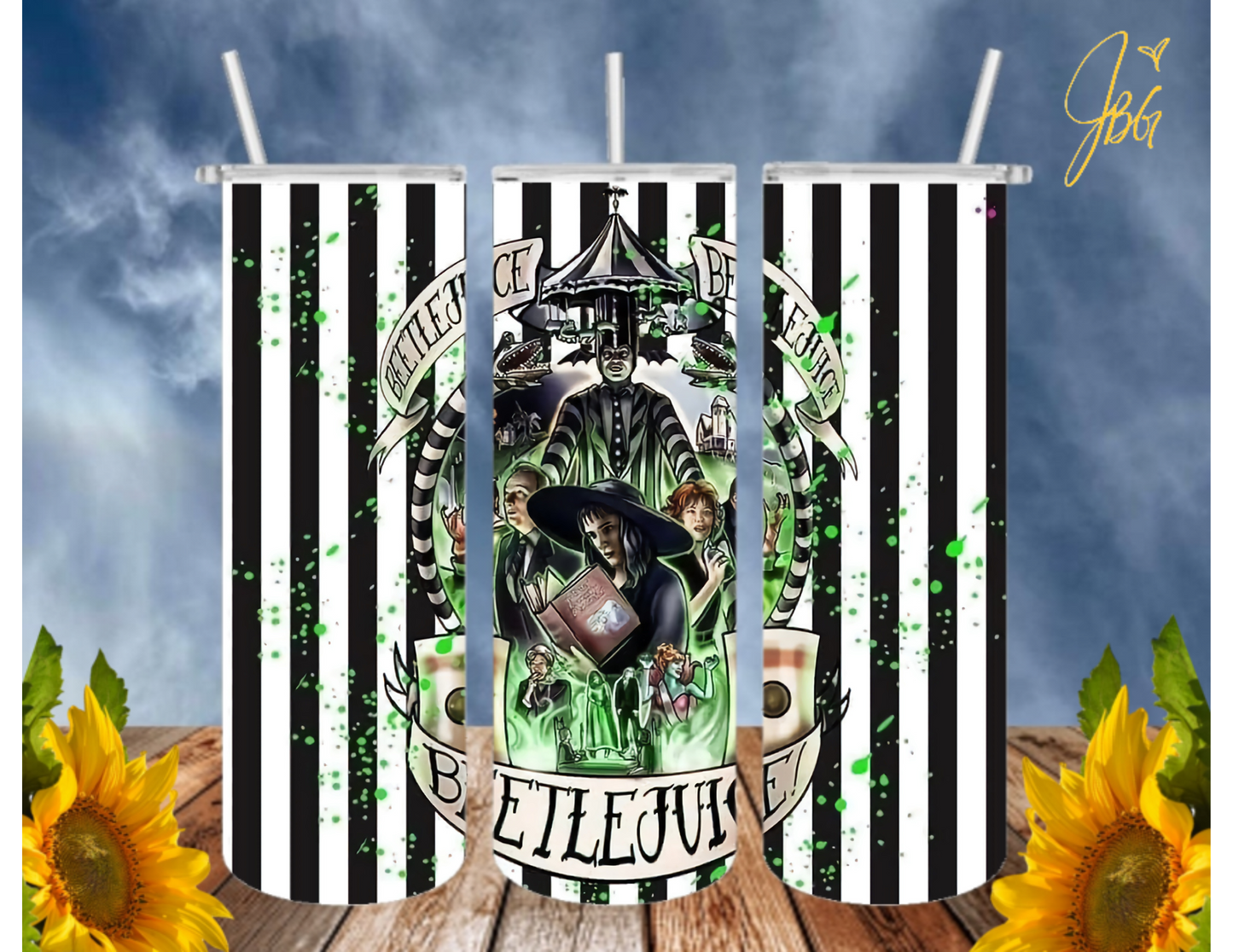 BEETLEJUICE 20 Oz Tumbler with 2 Straws, 1 Lid and Straw Cleaner. FREE SHIPPING. Stainless Steel. Sublimation Tumbler Cup.