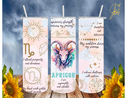 ZODIAC SIGNS 20 Oz Tumbler with 1 Lid, 2 Straws and 1 Straw Cleaner. FREE SHIPPING. Stainless Steel. Sublimation Tumbler Cup.