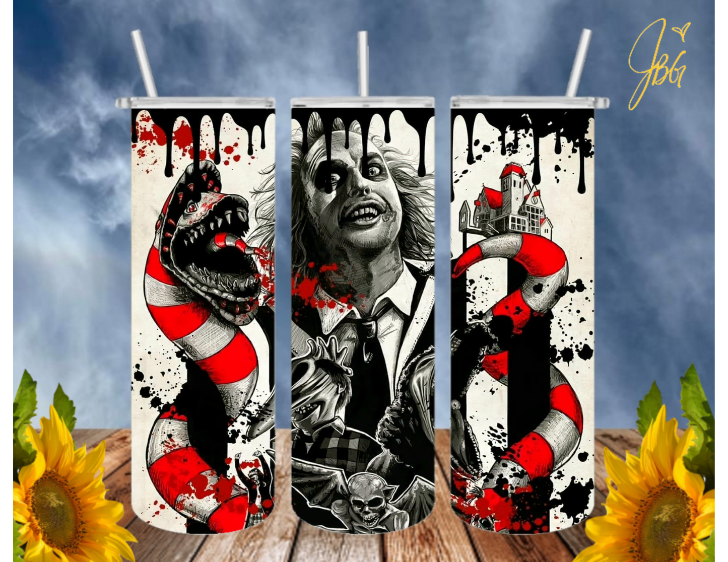 BEETLEJUICE 20 Oz Tumbler with 2 Straws, 1 Lid and Straw Cleaner. FREE SHIPPING. Stainless Steel. Sublimation Tumbler Cup.