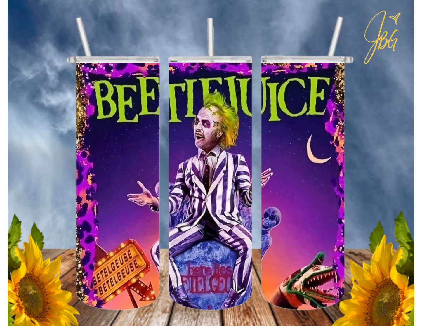 BEETLEJUICE 20 Oz Tumbler with 2 Straws, 1 Lid and Straw Cleaner. FREE SHIPPING. Stainless Steel. Sublimation Tumbler Cup.