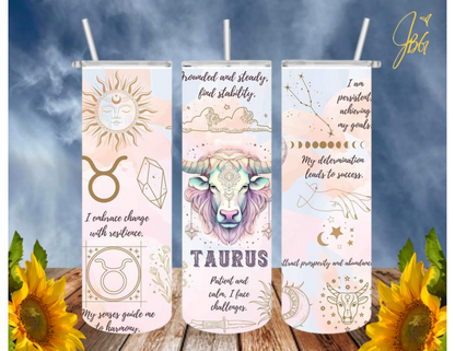 ZODIAC SIGNS 20 Oz Tumbler with 1 Lid, 2 Straws and 1 Straw Cleaner. FREE SHIPPING. Stainless Steel. Sublimation Tumbler Cup.