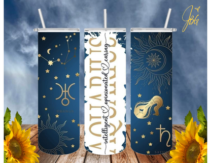 ZODIAC SIGNS 20 Oz Tumbler with 1 Lid, 2 Straws and 1 Straw Cleaner. FREE SHIPPING. Stainless Steel. Sublimation Tumbler Cup.