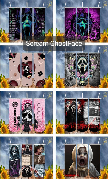 SCREAM GHOSTFACE 20 Oz Tumbler with 1 Lid, 2 Straws and 1 Straw Cleaner. FREE SHIPPING. Stainless Steel. Sublimation Tumbler Cup.