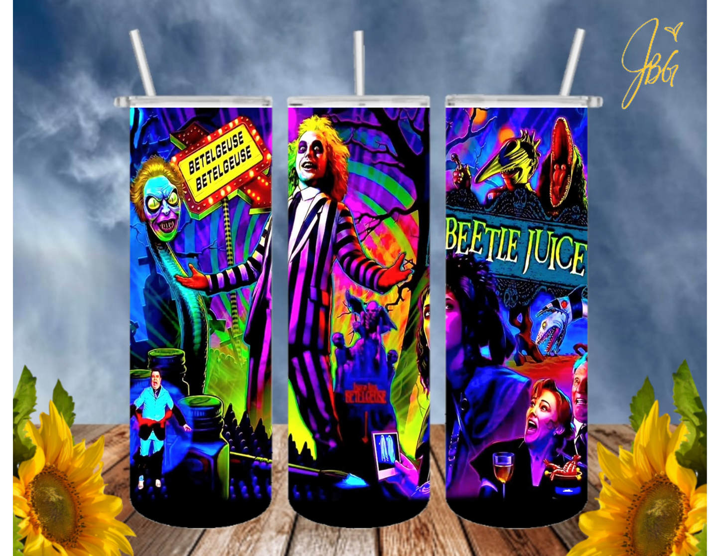 BEETLEJUICE 20 Oz Tumbler with 2 Straws, 1 Lid and Straw Cleaner. FREE SHIPPING. Stainless Steel. Sublimation Tumbler Cup.