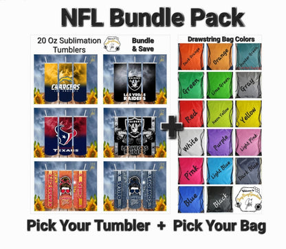 NFL Bundle Deal Pack.. FREE SHIPPING. 20 Oz Sublimation Tumbler with Straw and Lid + Drawstring Bags and Save. 1 Tumbler + 1 Drawstring Bag = Bundle Deal