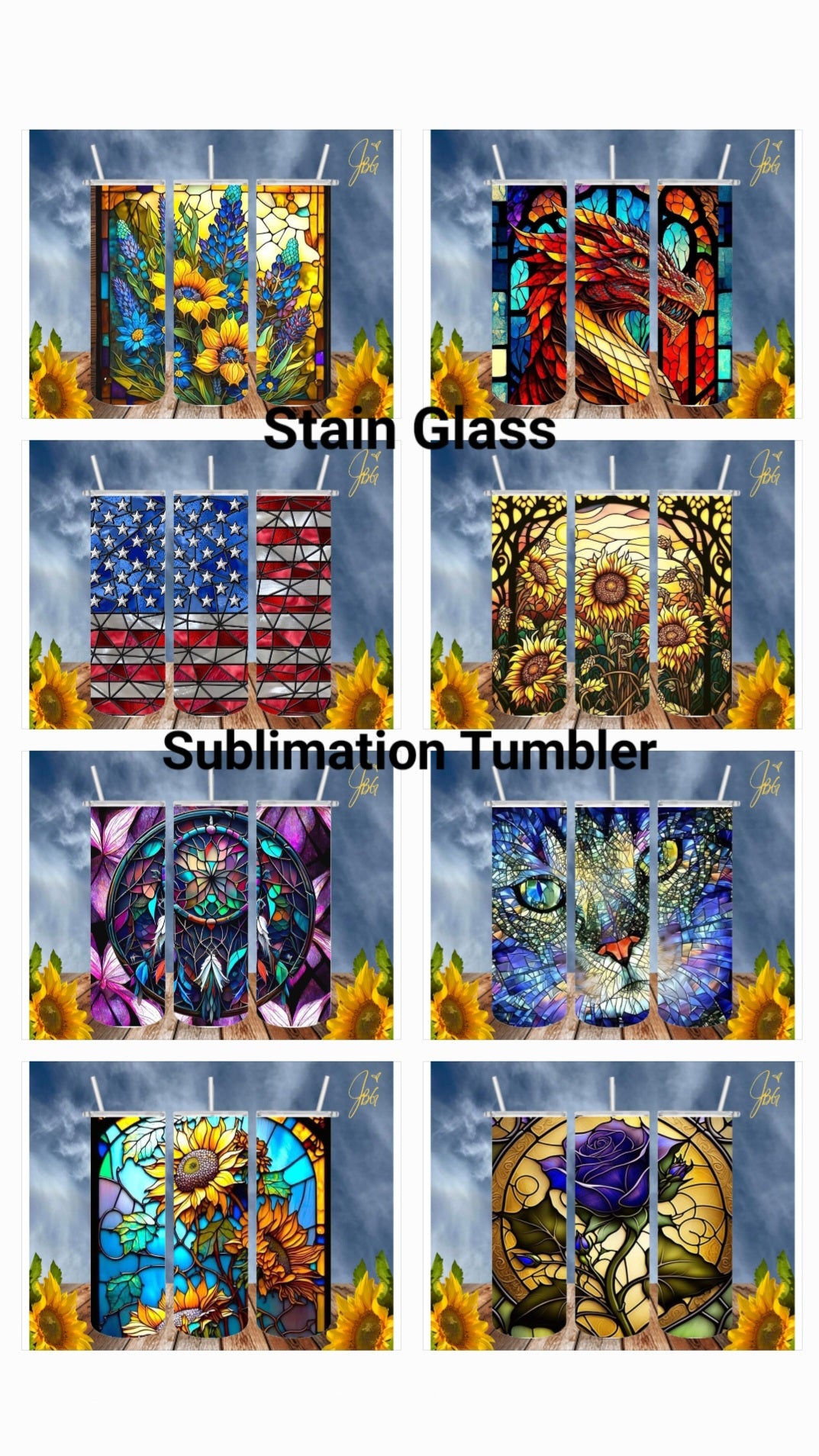 STAIN GLASS 20 Oz Tumbler with 2 Straws, 1 Lid and Straw Cleaner. FREE SHIPPING. Stainless Steel. Sublimation Tumbler Cup.