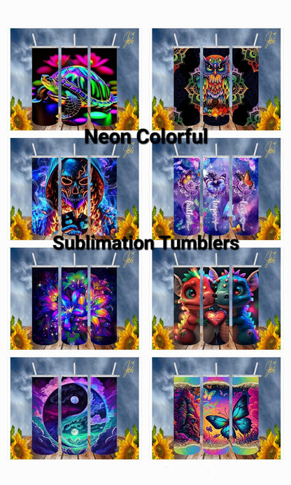 NEON COLORFUL 20 Oz Tumblers with 2 Straws, 1 Lid and Straw Cleaner. FREE SHIPPING. Stainless Steel. Sublimation Tumbler Cup.